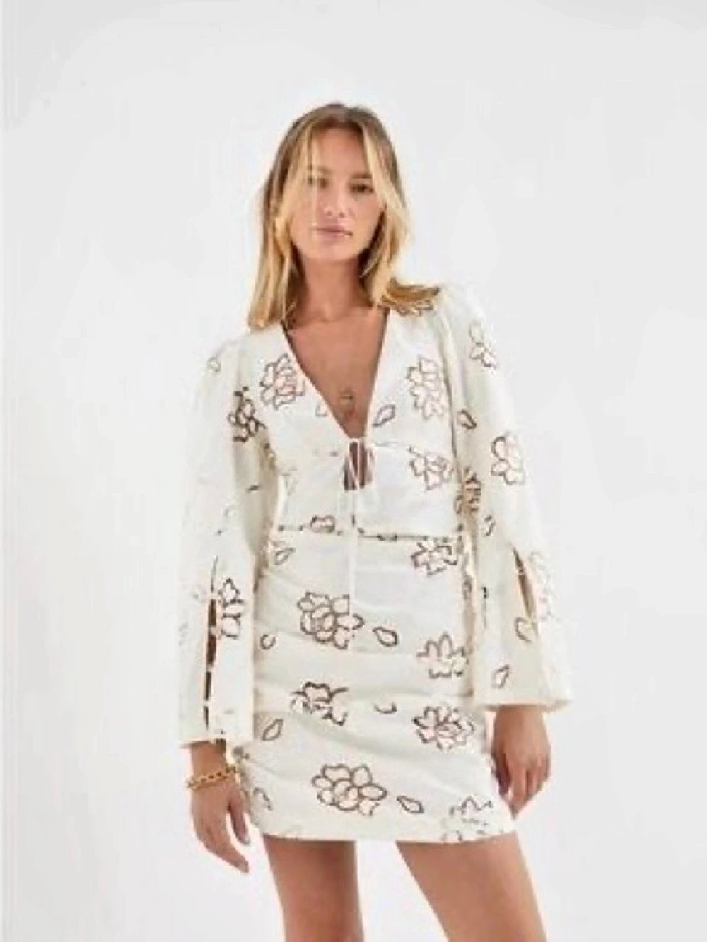 For Love & Lemons Floral Mini Dress in White & Brown Size Small Like New